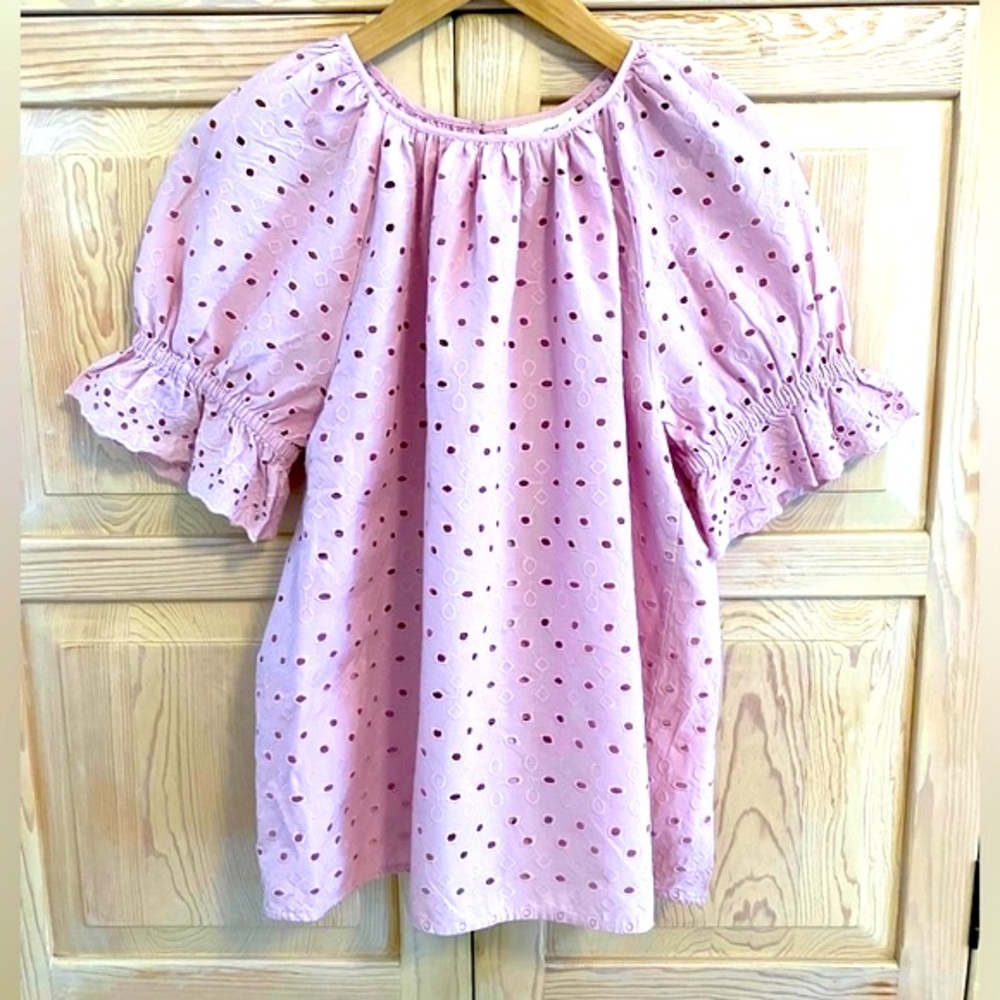 Embroidered Top Eyelet Blouse Puff Sleeve Blouse Boho Size Small Dusty Pink